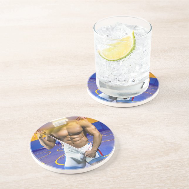 SlipperyJoe's muscular man bulge six-pack gym trai Coaster (Side)