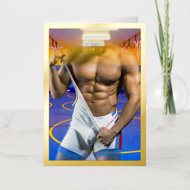 SlipperyJoe's muscular man bulge six-pack gym trai Foil Greeting Card (Front)