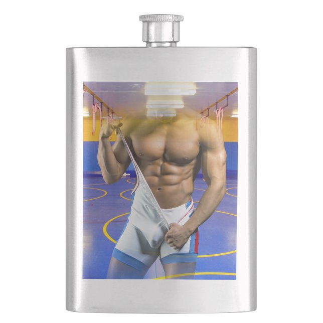 SlipperyJoe's muscular man bulge six-pack gym trai Hip Flask (Front)