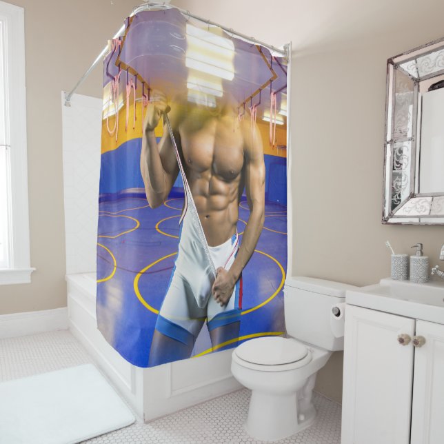 SlipperyJoe's muscular man bulge six-pack gym trai Shower Curtain (In Situ)