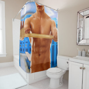 SlipperyJoe's muscular man shirtless chest 6-pack  Shower Curtain