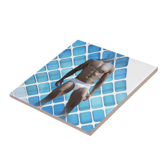 SlipperyJoe's muscular man six-pack abs white unde Ceramic Tile (Side)