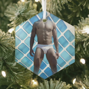 SlipperyJoe's muscular man six-pack abs white unde Glass Tree Decoration