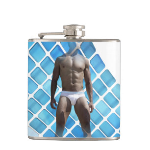 SlipperyJoe's muscular man six-pack abs white unde Hip Flask