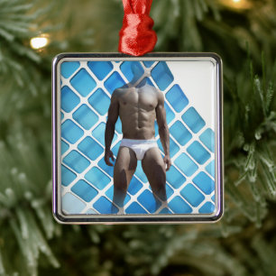 SlipperyJoe's muscular man six-pack abs white unde Metal Ornament