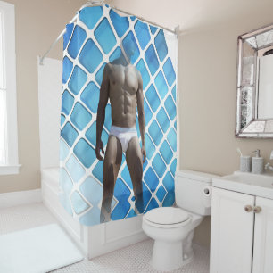 SlipperyJoe's muscular man six-pack abs white unde Shower Curtain