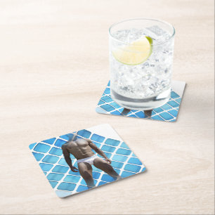 SlipperyJoe's muscular man six-pack abs white unde Square Paper Coaster