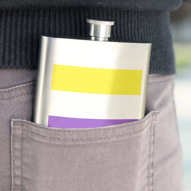 SlipperyJoe's Nonbinary Pride Flag yellow white pu Hip Flask (In Situ)