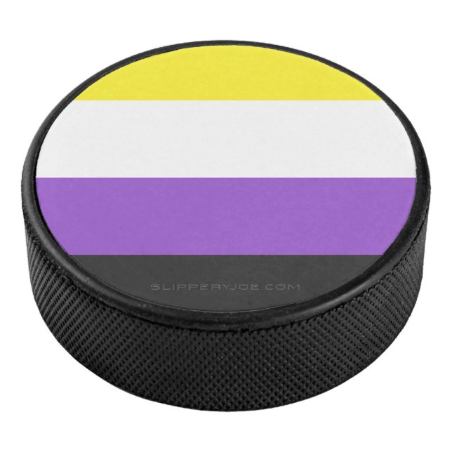 SlipperyJoe's Nonbinary Pride Flag yellow white pu Hockey Puck (3/4)