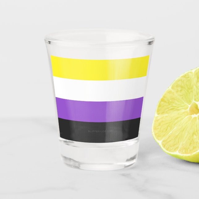 SlipperyJoe's Nonbinary Pride Flag yellow white pu Shot Glass (Front)