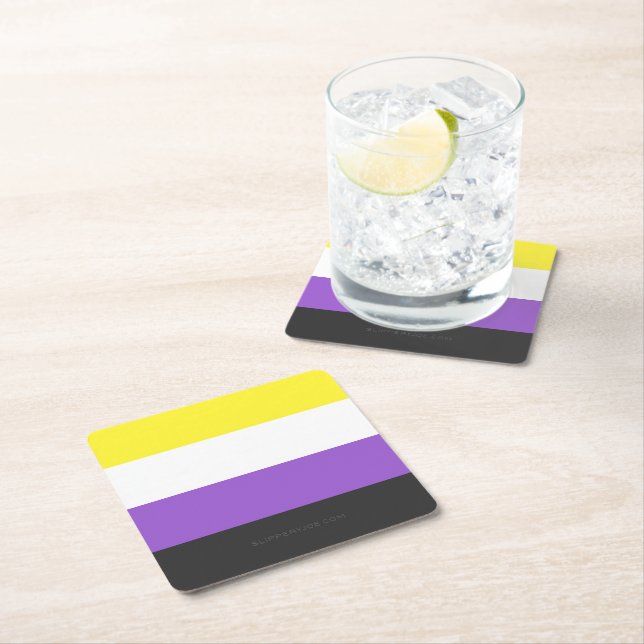 SlipperyJoe's Nonbinary Pride Flag yellow white pu Square Paper Coaster (Insitu)