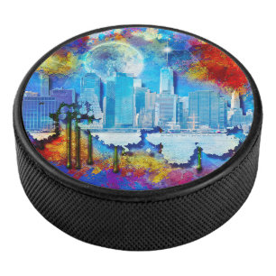 SlipperyJoe's NYC skyscrapers buildings artwork gr Hockey Puck
