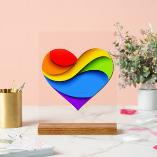 SlipperyJoe's pride heart curves shape 3-D three-d Acrylic Sign