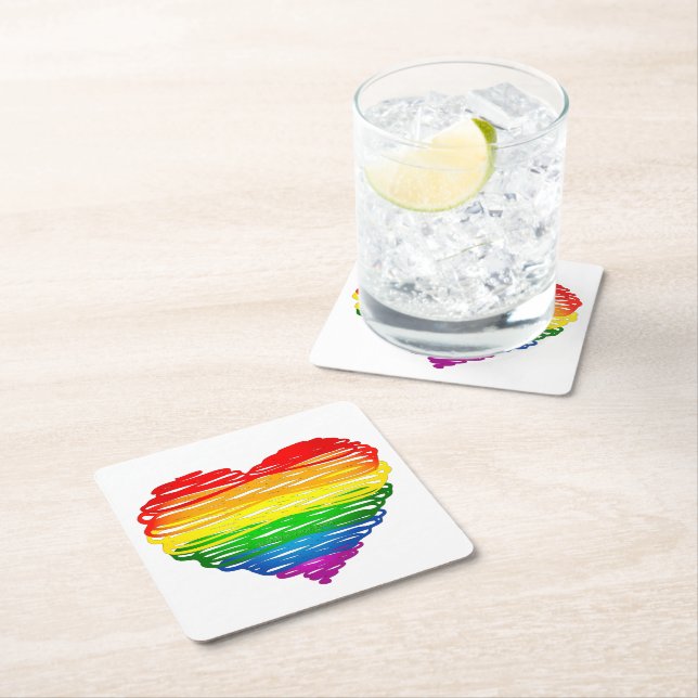 SlipperyJoe's pride scribbled heart shape drawing  Square Paper Coaster (Insitu)
