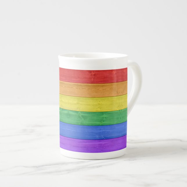 SlipperyJoe's pride wooden flag horizontal rainbow Bone China Mug (Front Right)