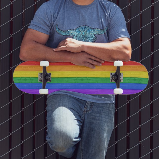 SlipperyJoe's pride wooden flag horizontal rainbow Skateboard (Outdoor 3)