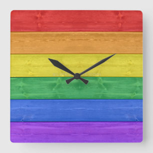 SlipperyJoe's pride wooden flag horizontal rainbow Square Wall Clock