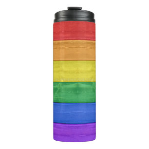 SlipperyJoe's pride wooden flag horizontal rainbow Thermal Tumbler