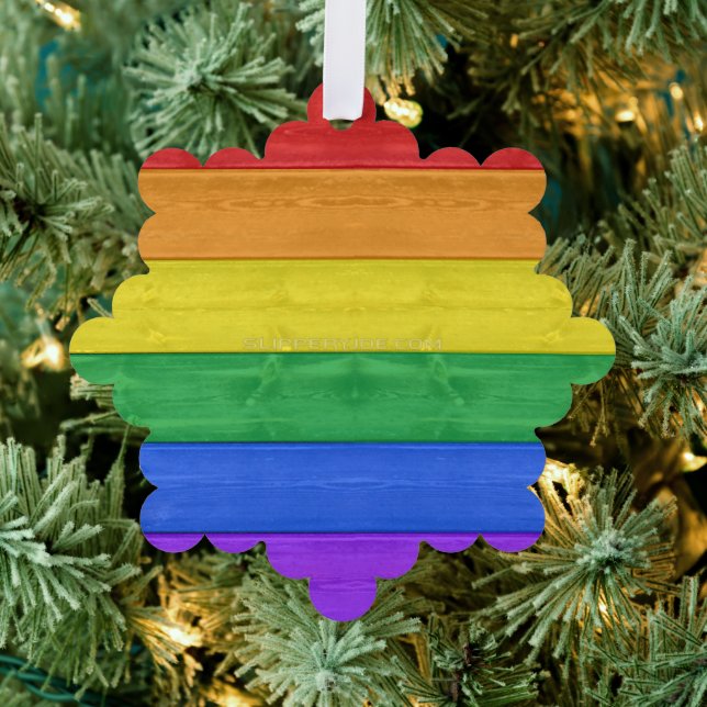SlipperyJoe's pride wooden flag horizontal rainbow Tree Decoration Card (Insitu (Tree))