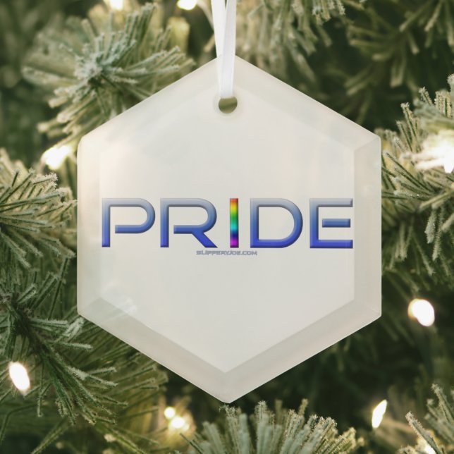 SlipperyJoe's pride word metallic letters radiates Glass Tree Decoration (Insitu)