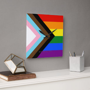 SlipperyJoe's Progress Pride Flag gay gifts LGBTQI Square Wall Clock
