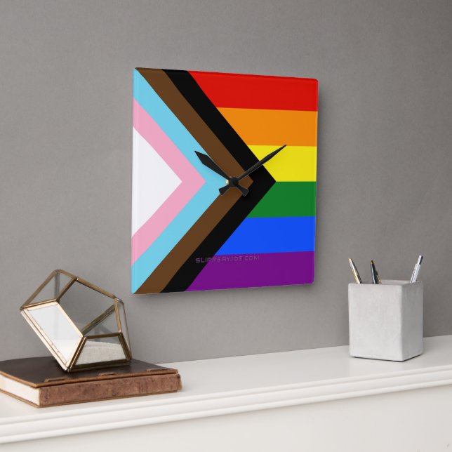 SlipperyJoe's Progress Pride Flag gay gifts LGBTQI Square Wall Clock (Office)