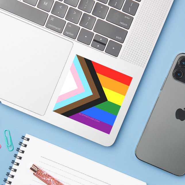 SlipperyJoe's Progress Pride Flag six classic hori (Laptop w/ iPhone)