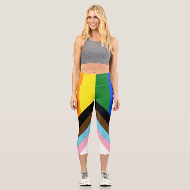 SlipperyJoe's Progress Pride Flag six classic hori Capri Leggings (Front)