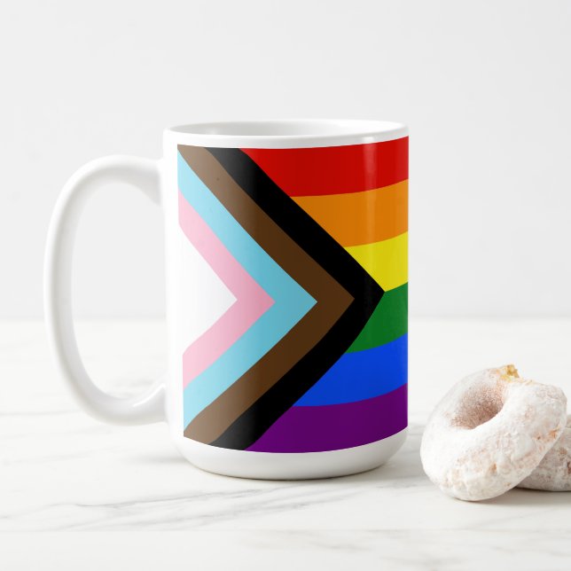 SlipperyJoe's Progress Pride Flag six classic hori Coffee Mug (With Donut)