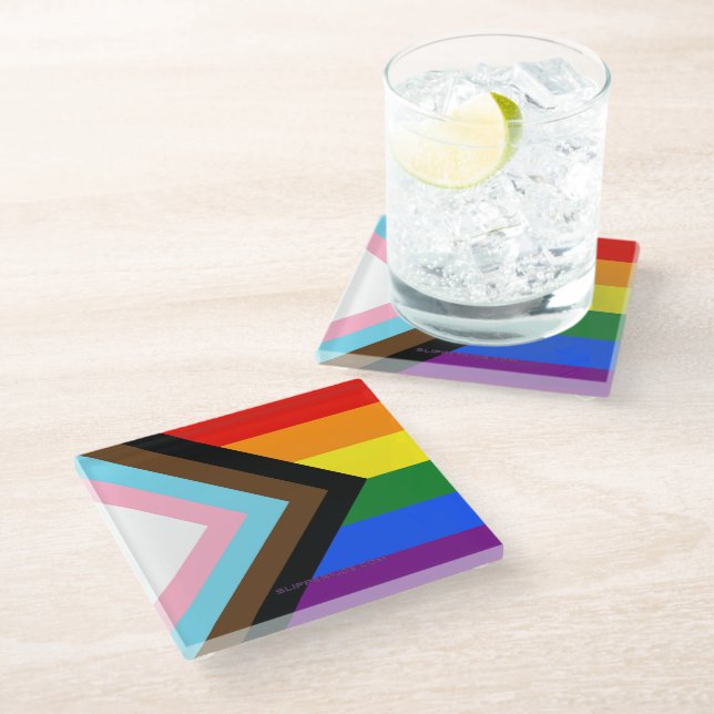 SlipperyJoe's Progress Pride Flag six classic hori Glass Coaster (Angled)