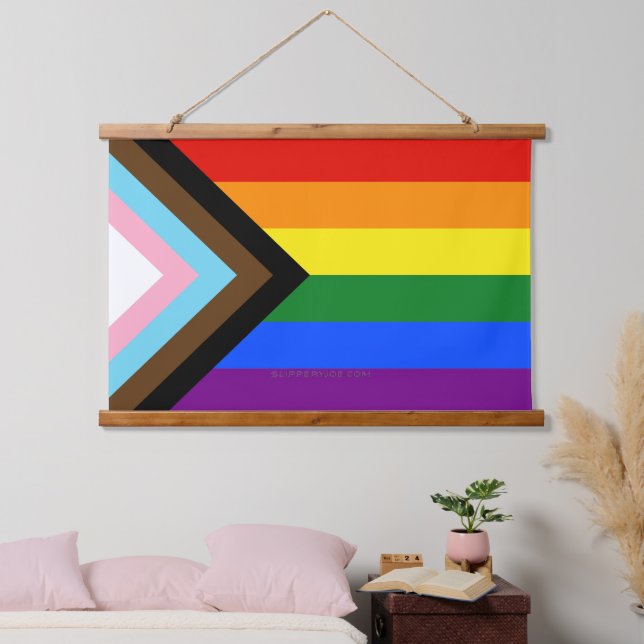 SlipperyJoe's Progress Pride Flag six classic hori Hanging Tapestry (Bedroom)