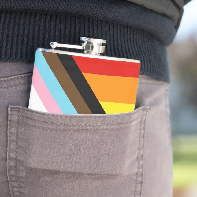 SlipperyJoe's Progress Pride Flag six classic hori Hip Flask (In Situ)