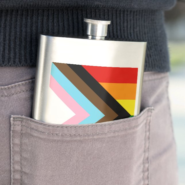 SlipperyJoe's Progress Pride Flag six classic hori Hip Flask (In Situ)