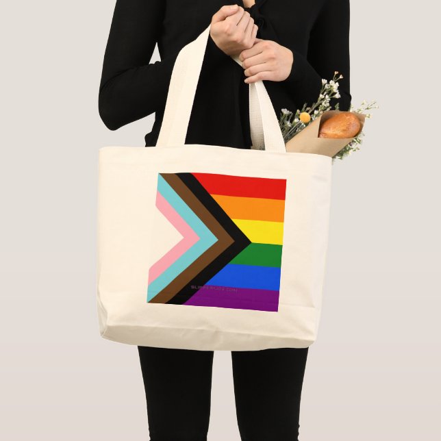 SlipperyJoe's Progress Pride Flag six classic hori Large Tote Bag (Front (Product))