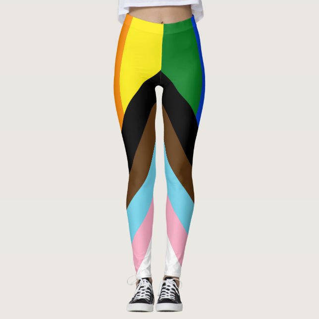 SlipperyJoe's Progress Pride Flag six classic hori Leggings (Front)