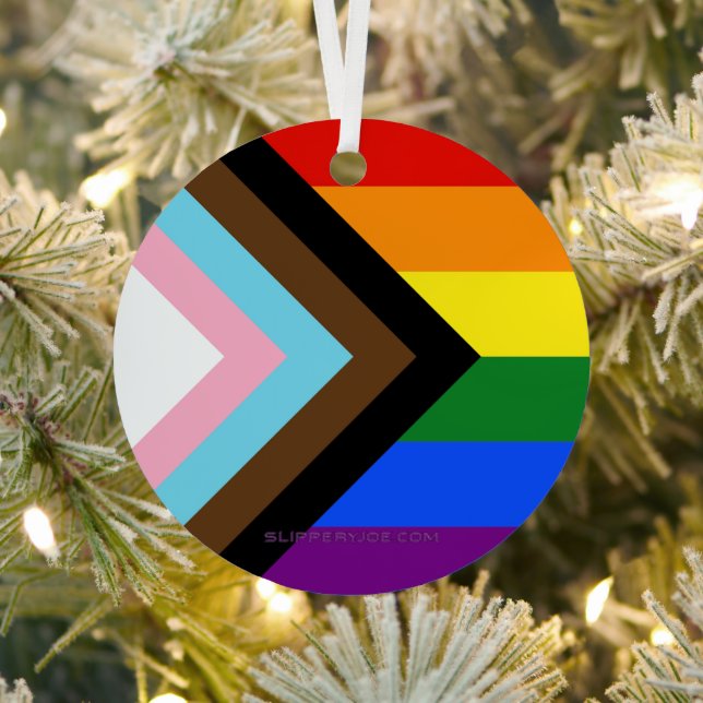 SlipperyJoe's Progress Pride Flag six classic hori Metal Tree Decoration (Insitu)