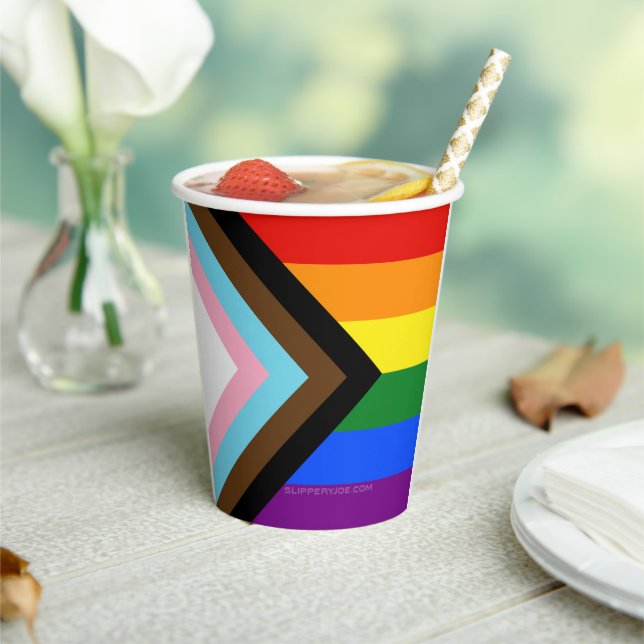 SlipperyJoe's Progress Pride Flag six classic hori Paper Cups (Insitu)