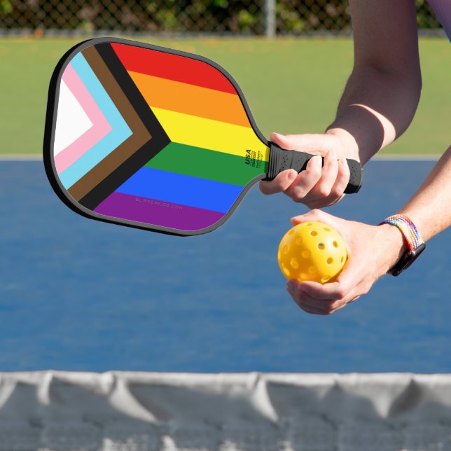 SlipperyJoe's Progress Pride Flag six classic hori Pickleball Paddle (Insitu)