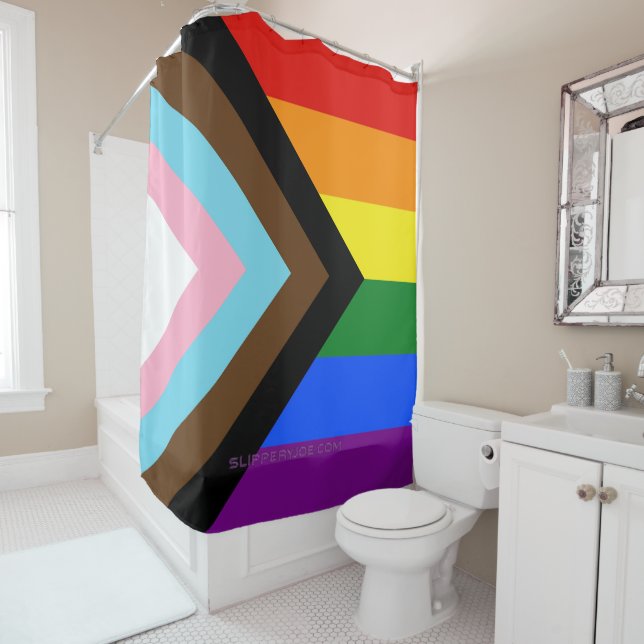 SlipperyJoe's Progress Pride Flag six classic hori Shower Curtain (In Situ)