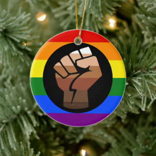 SlipperyJoe's queer people colour flag raised fist Ceramic Ornament