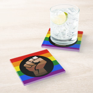 SlipperyJoe's queer people colour flag raised fist Glass Coaster
