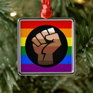 SlipperyJoe's queer people colour flag raised fist Metal Ornament