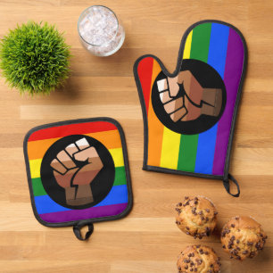 SlipperyJoe's queer people colour flag raised fist Oven Mitt & Pot Holder Set