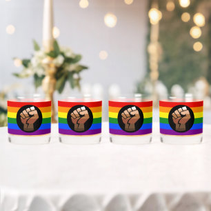 SlipperyJoe's queer people colour flag raised fist Whiskey Glass