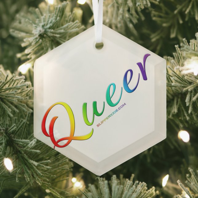 SlipperyJoe's queer single expressive word smooth  Glass Tree Decoration (Insitu)