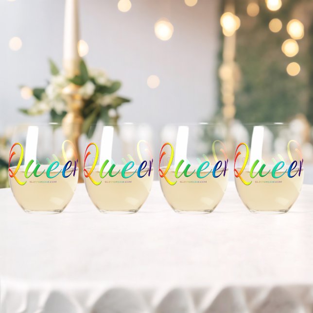 SlipperyJoe's queer single expressive word smooth  Stemless Wine Glass (Insitu (Wedding))