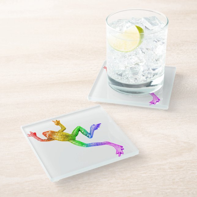 SlipperyJoe's rainbow coloured frog rendered sculp Glass Coaster (Angled)