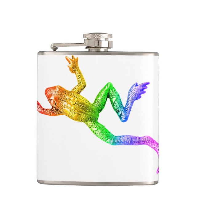 SlipperyJoe's rainbow coloured frog rendered sculp Hip Flask (Front)