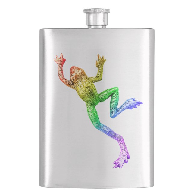 SlipperyJoe's rainbow coloured frog rendered sculp Hip Flask (Front)