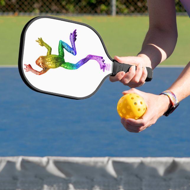 SlipperyJoe's rainbow coloured frog rendered sculp Pickleball Paddle (Insitu)